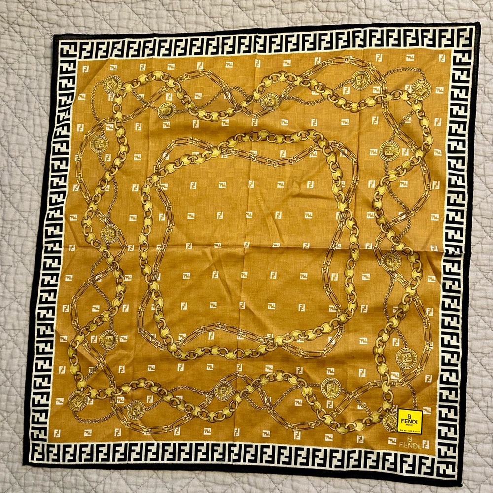 New Fendi Zucca Gold and Black Fine Cotton Scarf, Handkerchief, Twilly, Bandana